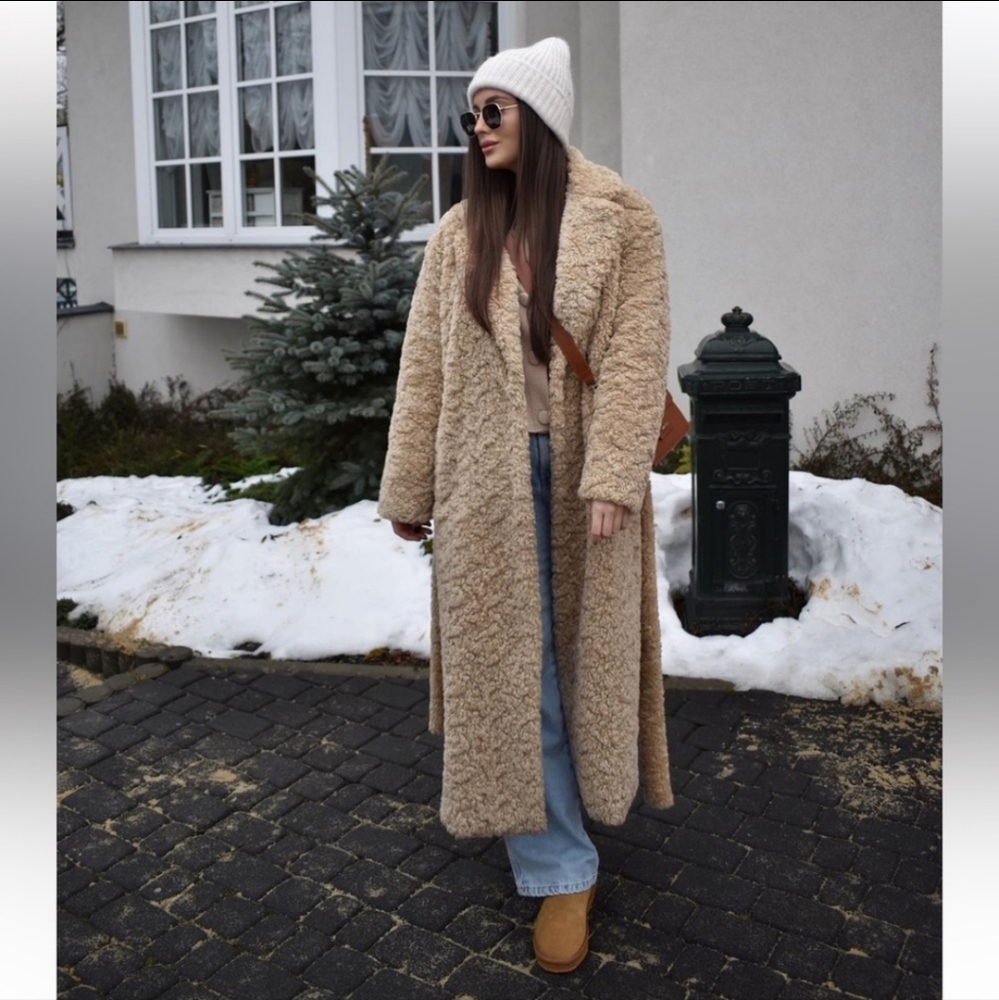 Zara Long Fleece Faux Fur Coat Jacket Brown Size L NWT - Picture 2 of 11